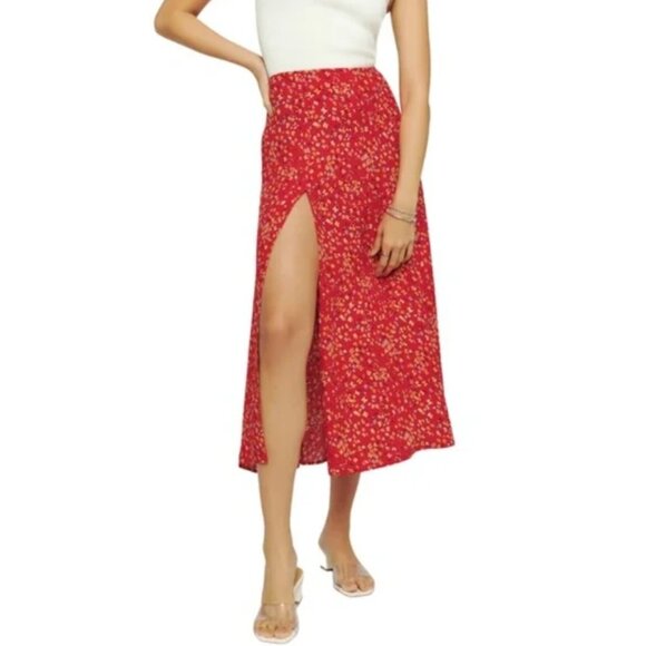 Reformation Zoe Side Slit Midi Skirt Baila Floral Red 8 NWOT SOLD OUT! - Picture 2 of 9